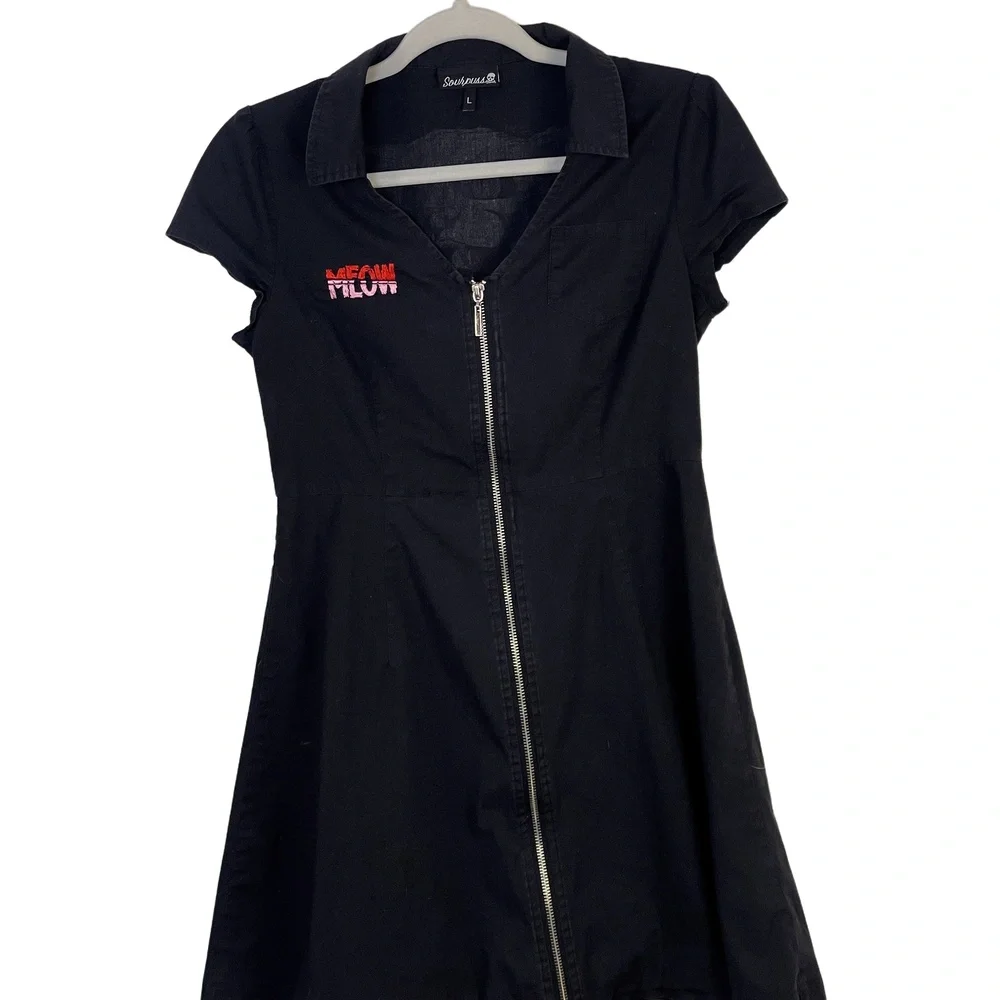 Sourpuss Clothing Y2K Black Cat Cap Sleeve Collared Zip Up Shirt Dress Large - Picture 10 of 12